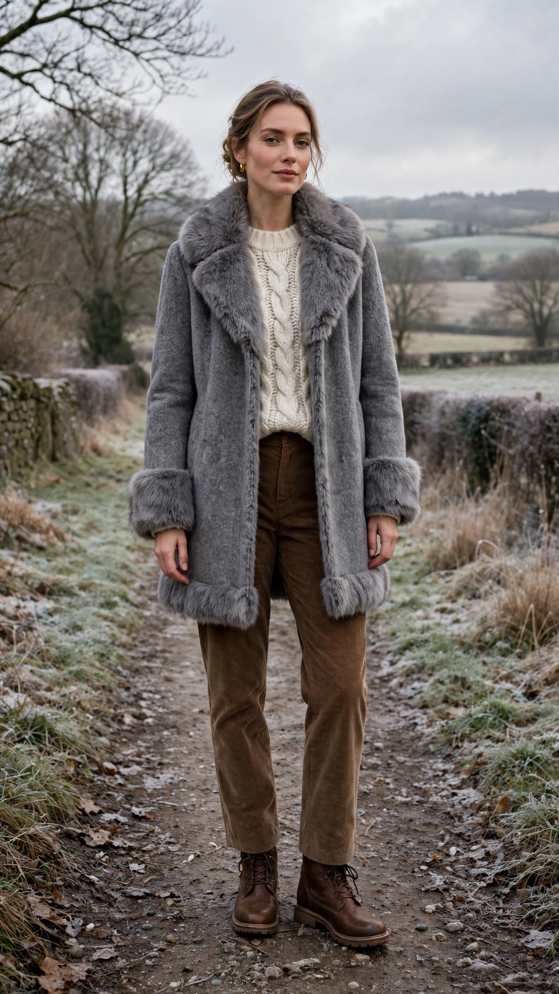a woman wearing a grey faux fur trimmed coat, a chunky knit, corduroy trousers, and ankle boots, for a cold countryside walk