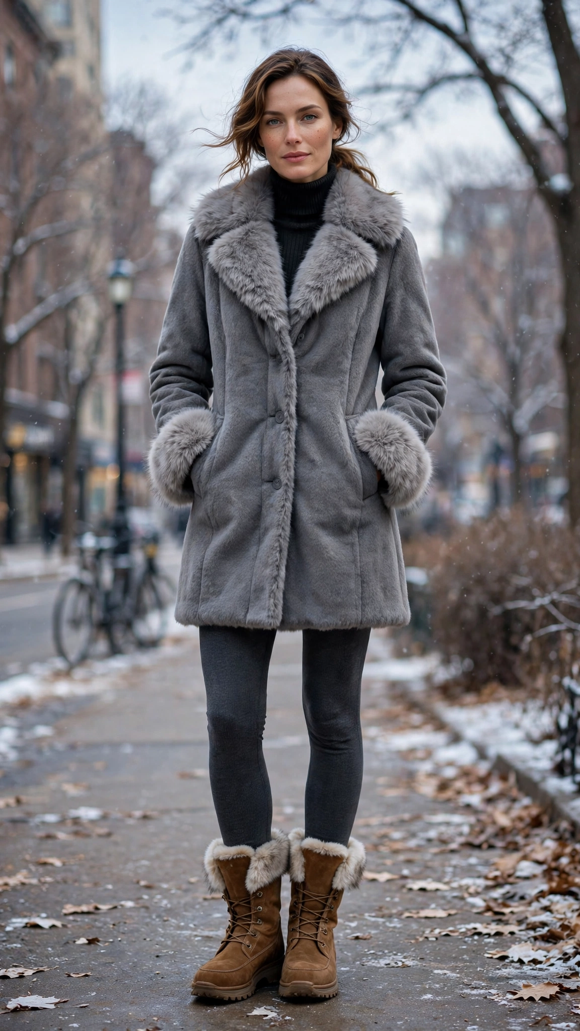 a woman wearing a grey faux fur trimmed coat, a turtleneck, leggings, and warm boots, for a brisk winter walk