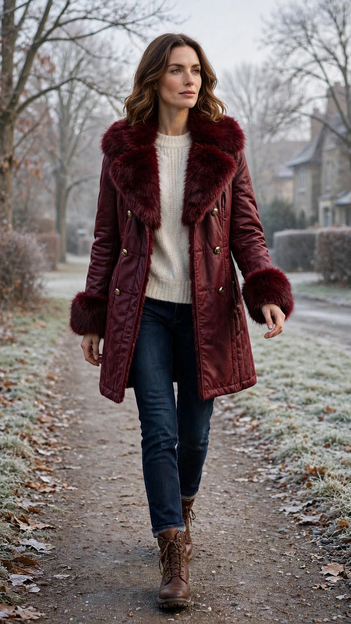 a woman wearing a burgundy faux fur trimmed coat, a wool sweater, dark jeans, and walking boots, for a cold morning walk