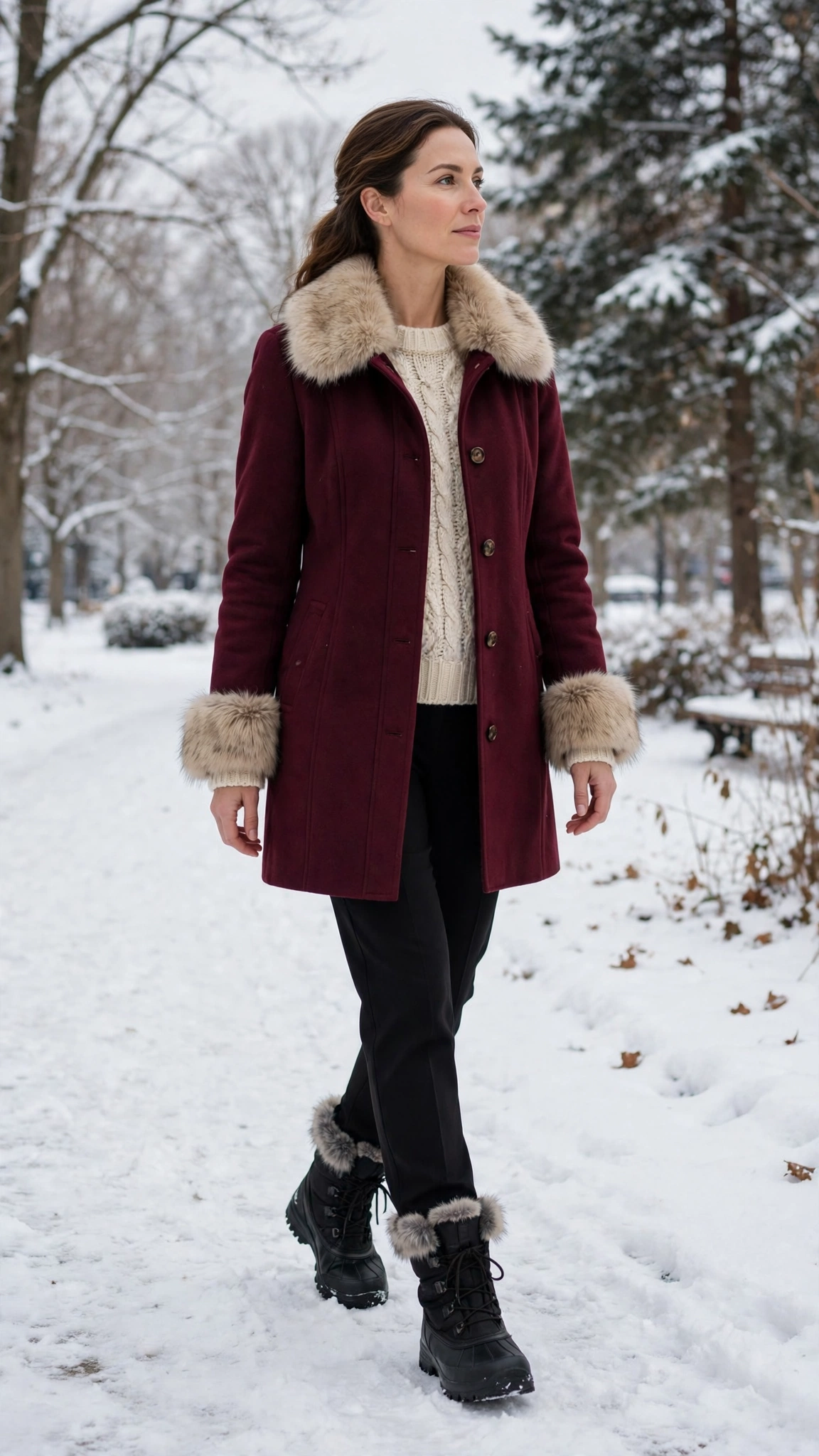 a woman wearing a burgundy faux fur trimmed coat, a chunky knit, black trousers, and snow boots, for a winter park walk