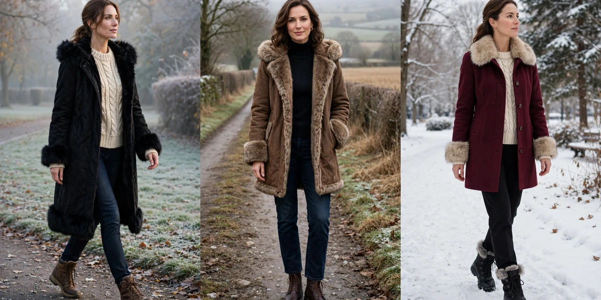 Collage of three women wearing faux fur trimmed coats for cold walks