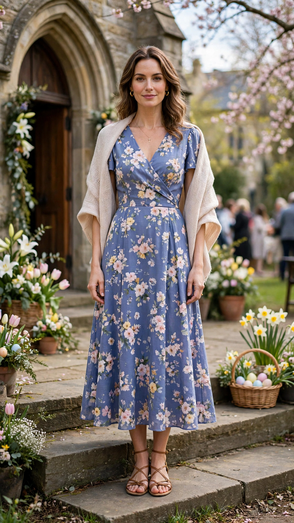 25 Floral Easter Dress Outfits for Church Gatherings That Are Fresh, Chic and Easy to Wear 2 Periwinkle Floral Easter Dress Outfit with strappy sandals and a light shawl