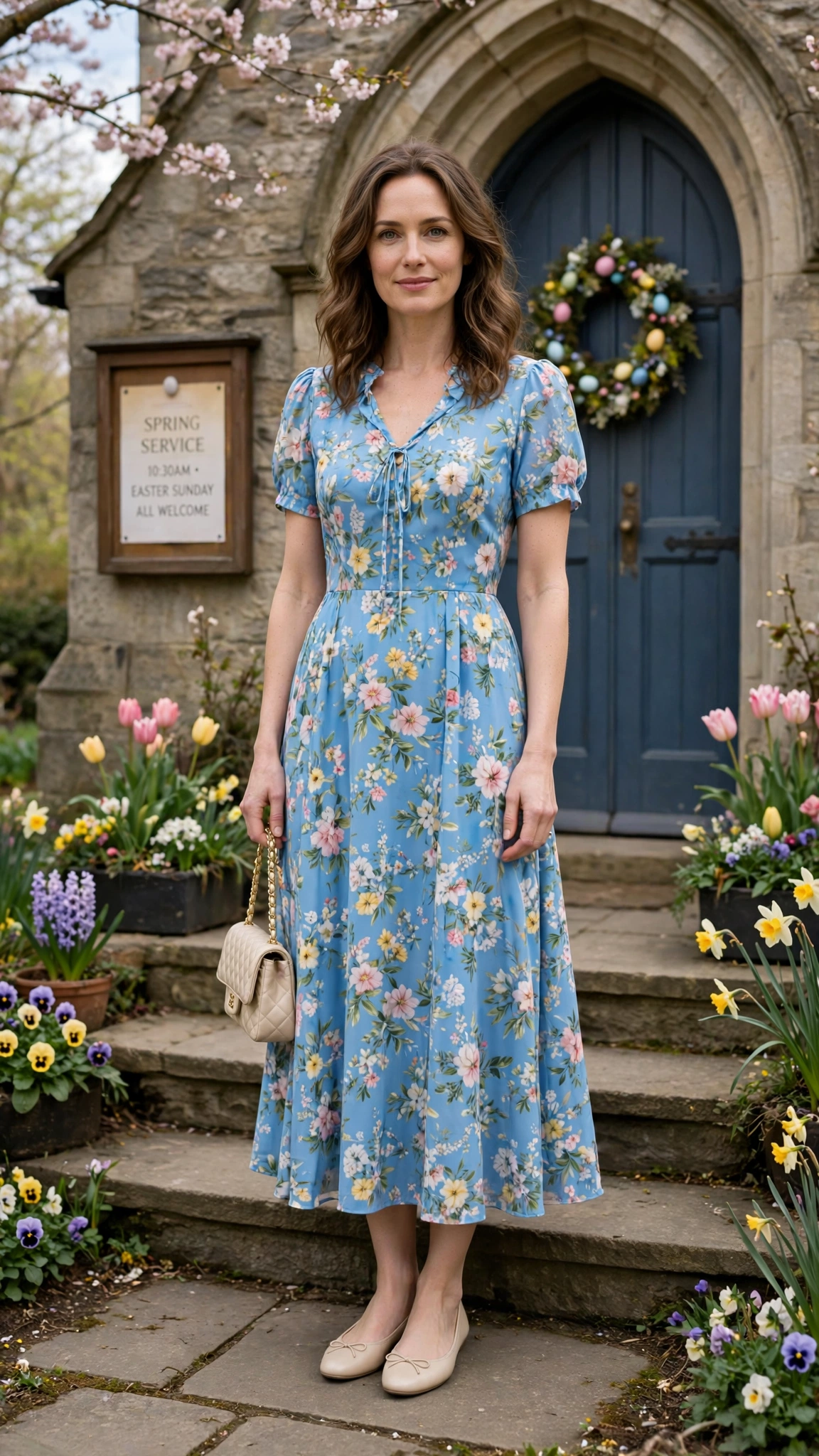 25 Floral Easter Dress Outfits for Church Gatherings That Are Fresh, Chic and Easy to Wear 3 Sky Blue Floral Easter Dress Outfit with ballet flats and a small handbag