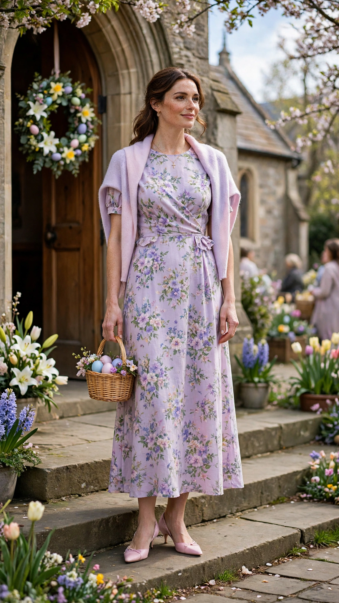 25 Floral Easter Dress Outfits for Church Gatherings That Are Fresh, Chic and Easy to Wear 4 Soft Lilac Floral Easter Dress Outfit with kitten heels and a pastel wrap