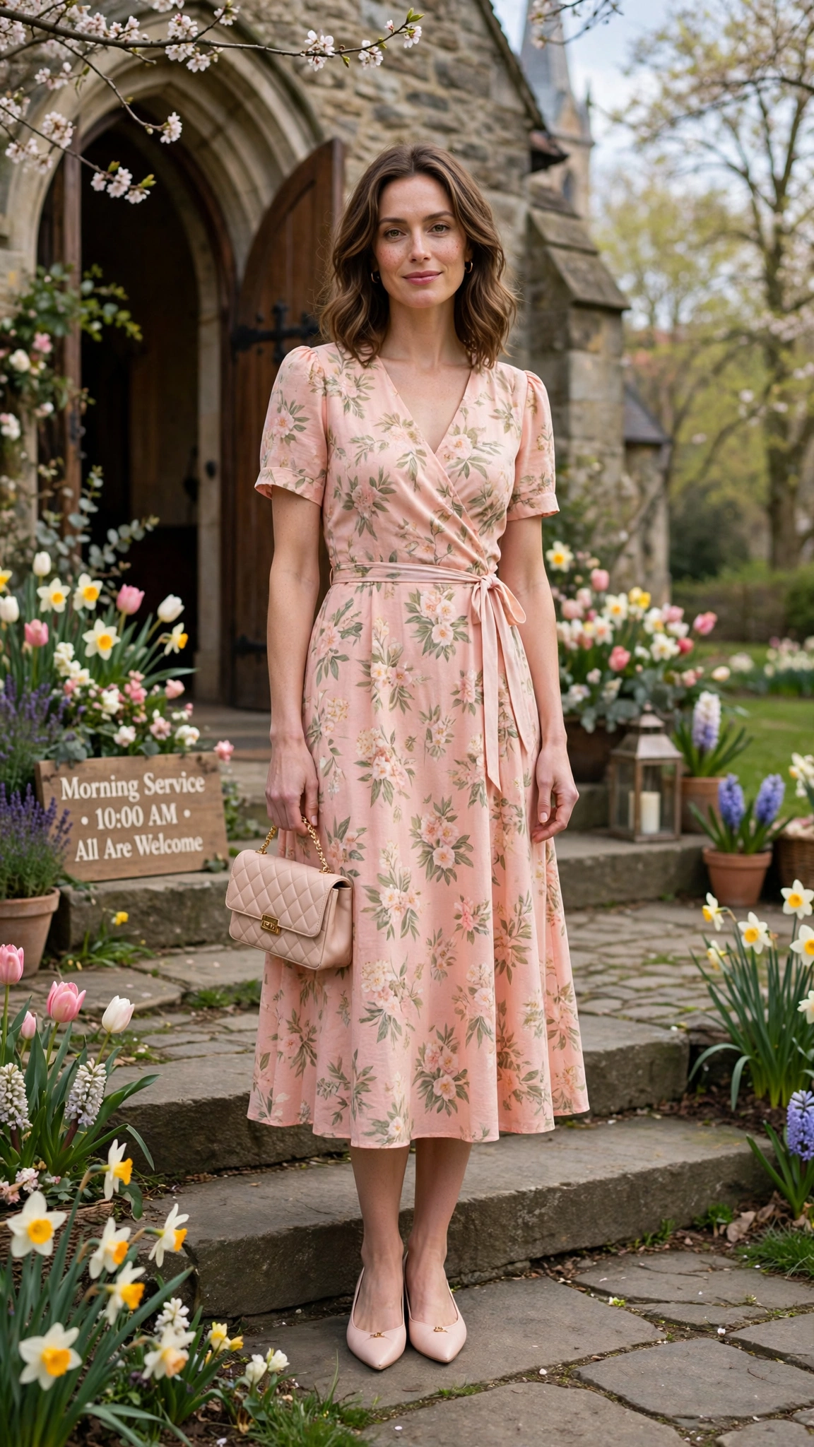 25 Floral Easter Dress Outfits for Church Gatherings That Are Fresh, Chic and Easy to Wear 5 Pale Coral Floral Easter Dress Outfit with pointed flats and a clutch