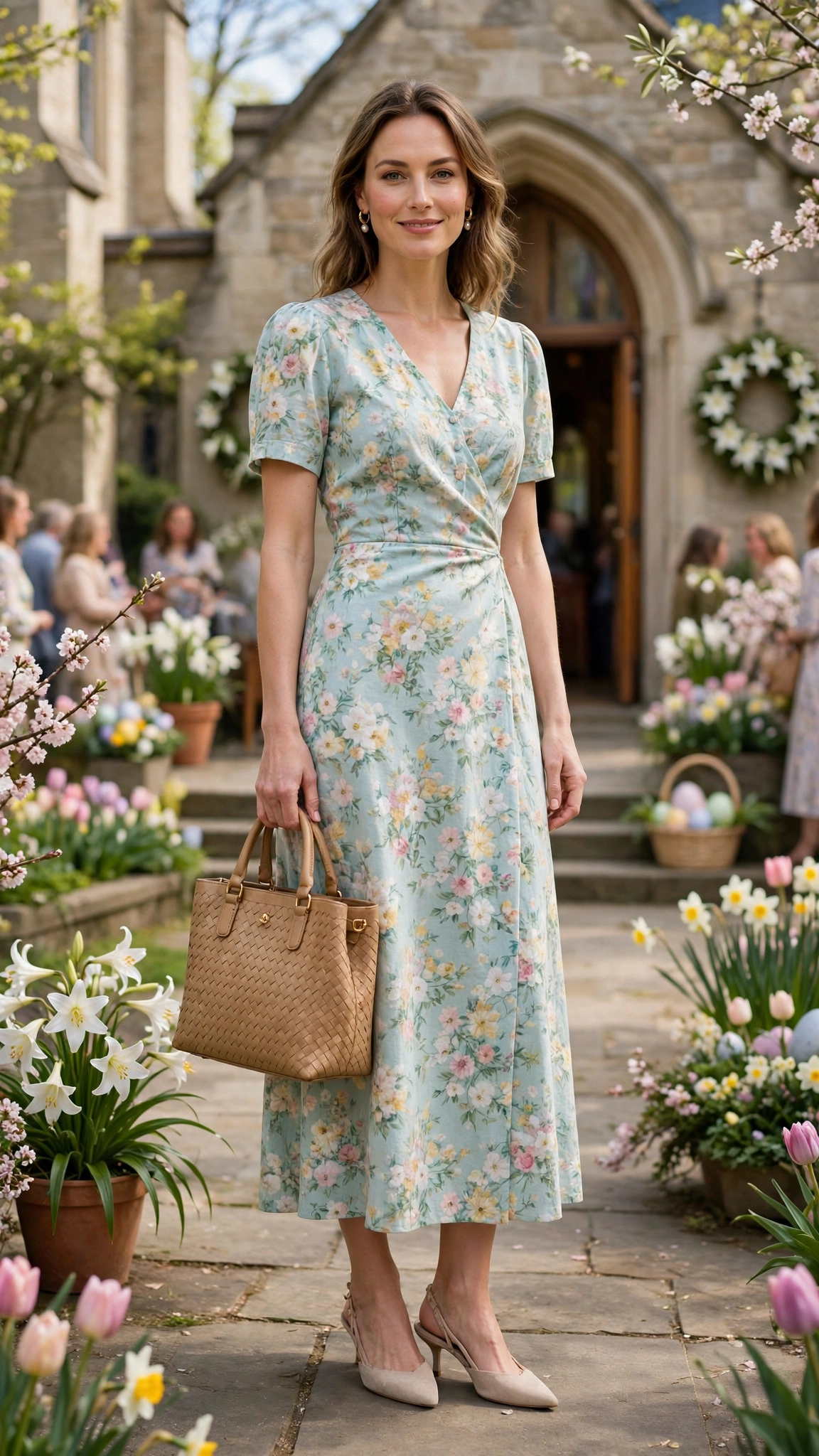 25 Floral Easter Dress Outfits for Church Gatherings That Are Fresh, Chic and Easy to Wear 6 Light Aqua Floral Easter Dress Outfit with slingbacks and a structured tote