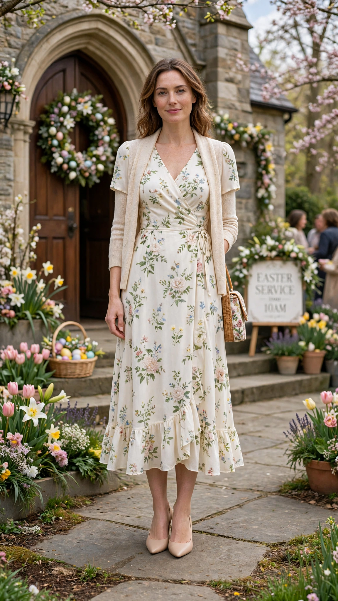 25 Floral Easter Dress Outfits for Church Gatherings That Are Fresh, Chic and Easy to Wear 7 Ivory Floral Easter Dress Outfit with nude pumps and a light cardigan