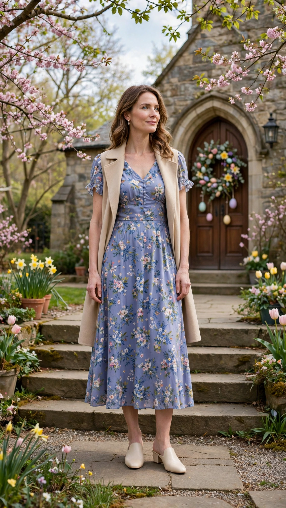 25 Floral Easter Dress Outfits for Church Gatherings That Are Fresh, Chic and Easy to Wear 8 Periwinkle Floral Easter Dress Outfit with mules and a spring coat