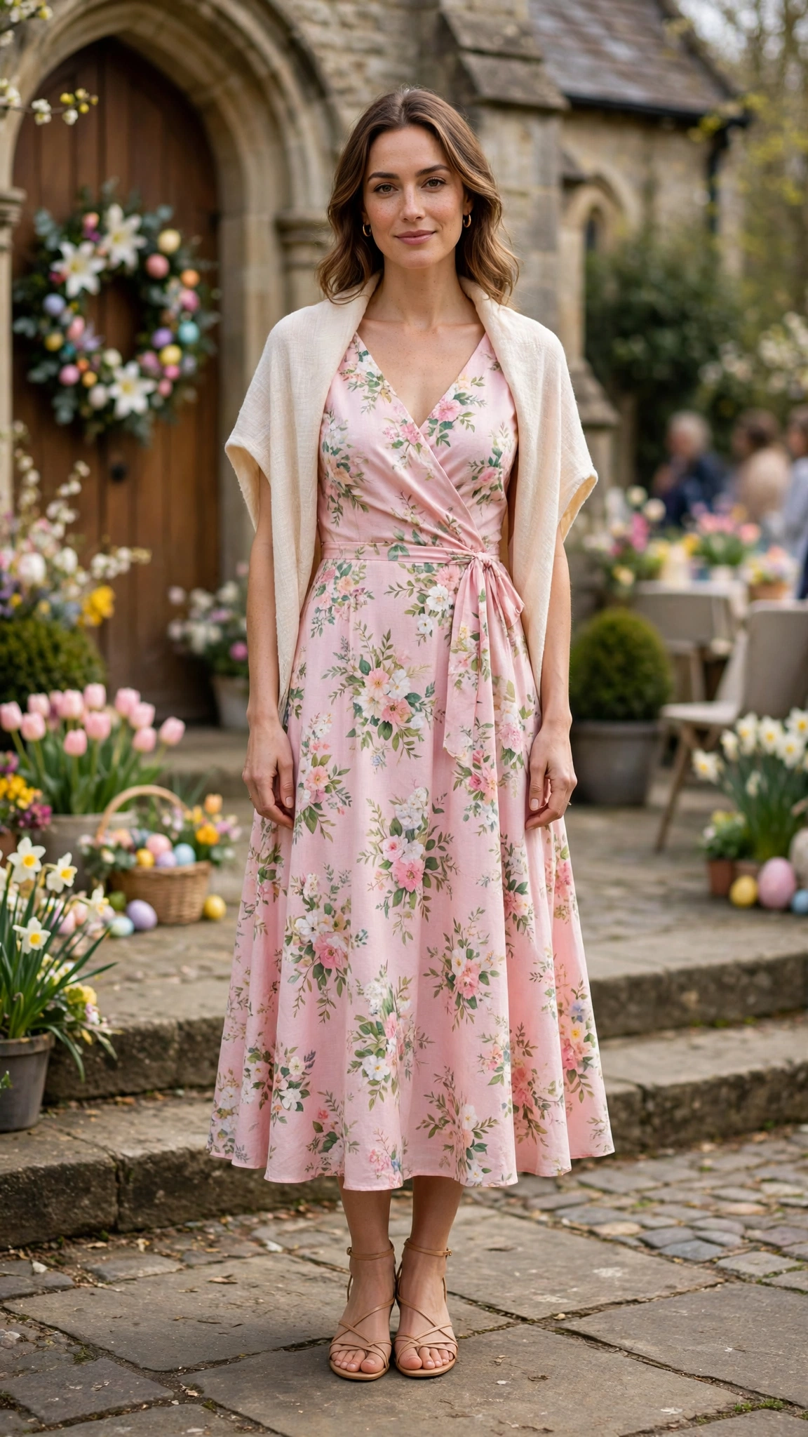 25 Floral Easter Dress Outfits for Church Gatherings That Are Fresh, Chic and Easy to Wear 9 Shell Pink Floral Easter Dress Outfit with strappy sandals and a light shawl