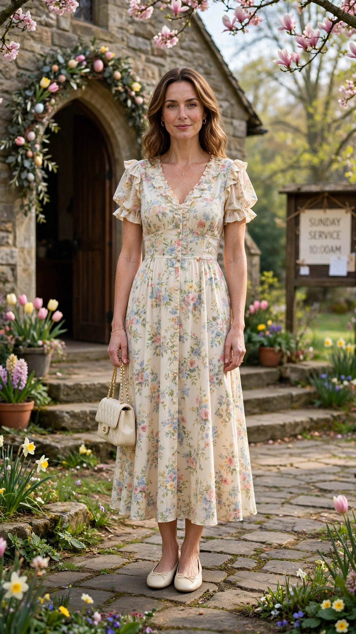 25 Floral Easter Dress Outfits for Church Gatherings That Are Fresh, Chic and Easy to Wear 10 Cream Floral Easter Dress Outfit with ballet flats and a small handbag