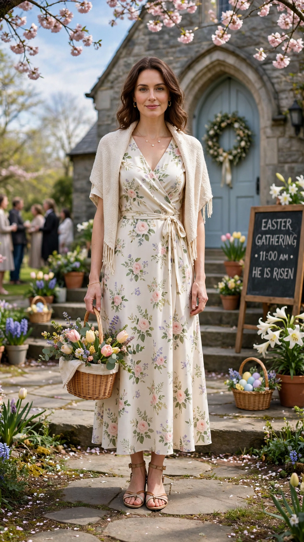25 Floral Easter Dress Outfits for Church Gatherings That Are Fresh, Chic and Easy to Wear 11 Ivory Floral Easter Dress Outfit with strappy sandals and a light shawl