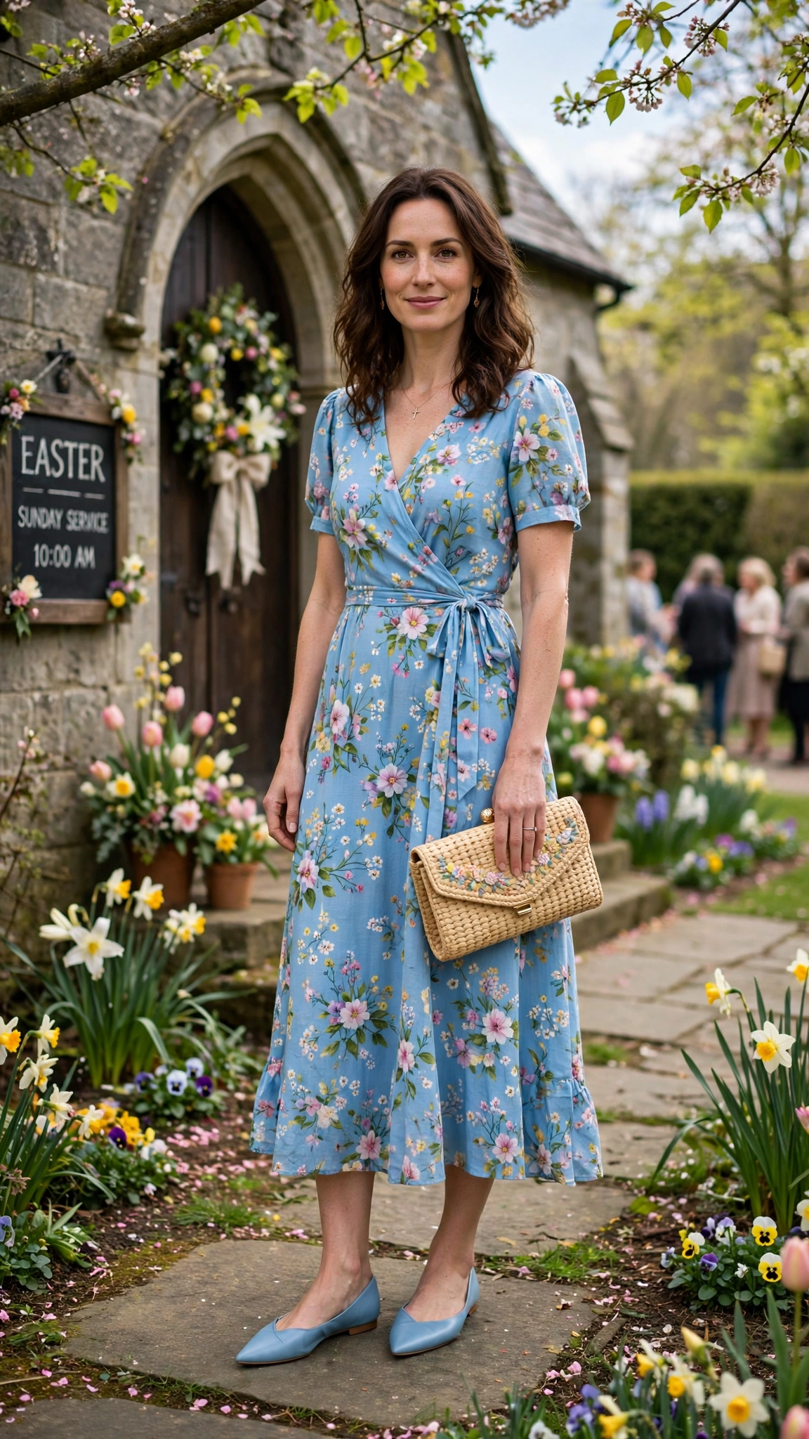 25 Floral Easter Dress Outfits for Church Gatherings That Are Fresh, Chic and Easy to Wear 12 Sky Blue Floral Easter Dress Outfit with pointed flats and a clutch