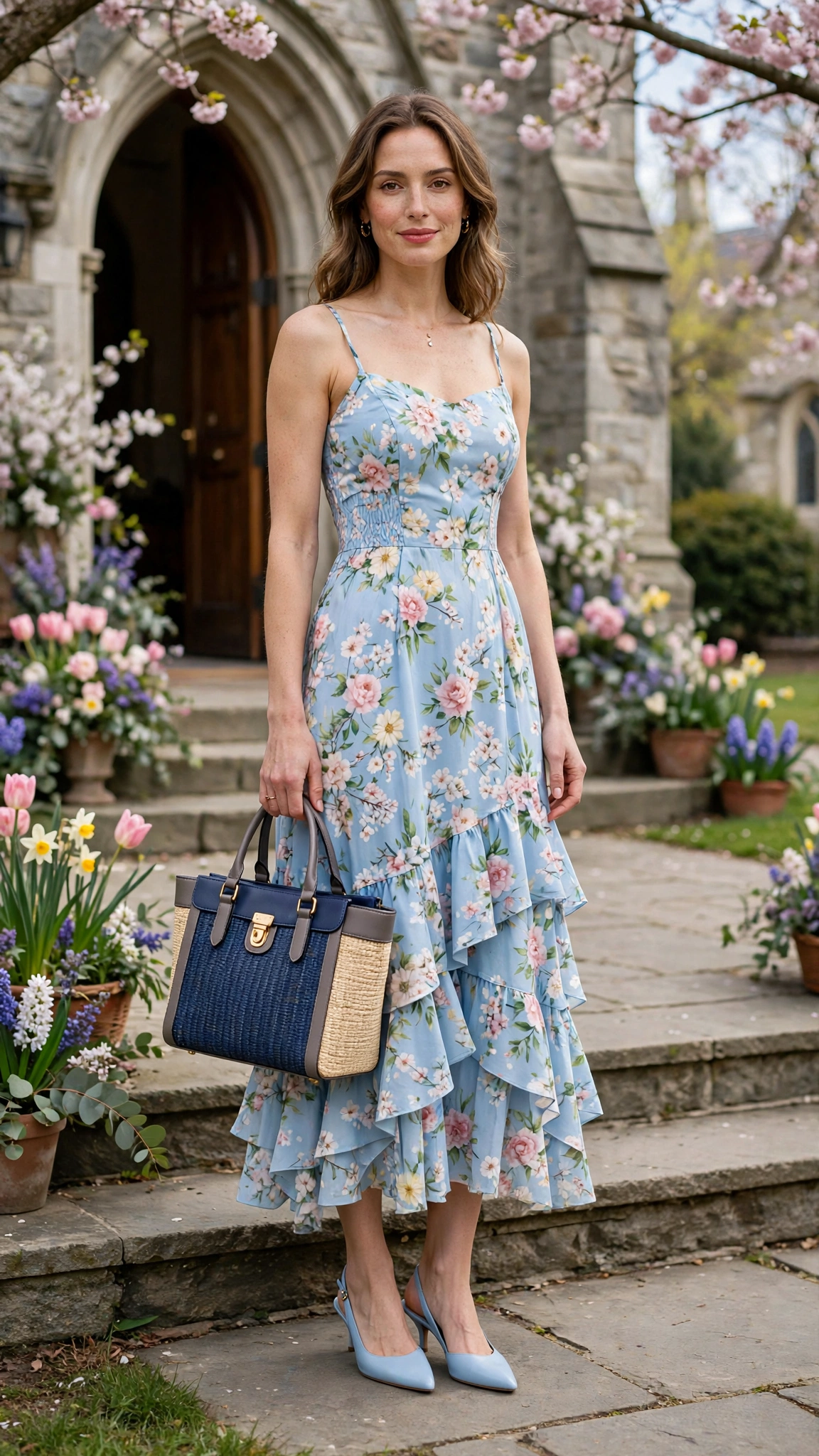 25 Floral Easter Dress Outfits for Church Gatherings That Are Fresh, Chic and Easy to Wear 13 Baby Blue Floral Easter Dress Outfit with slingbacks and a structured tote