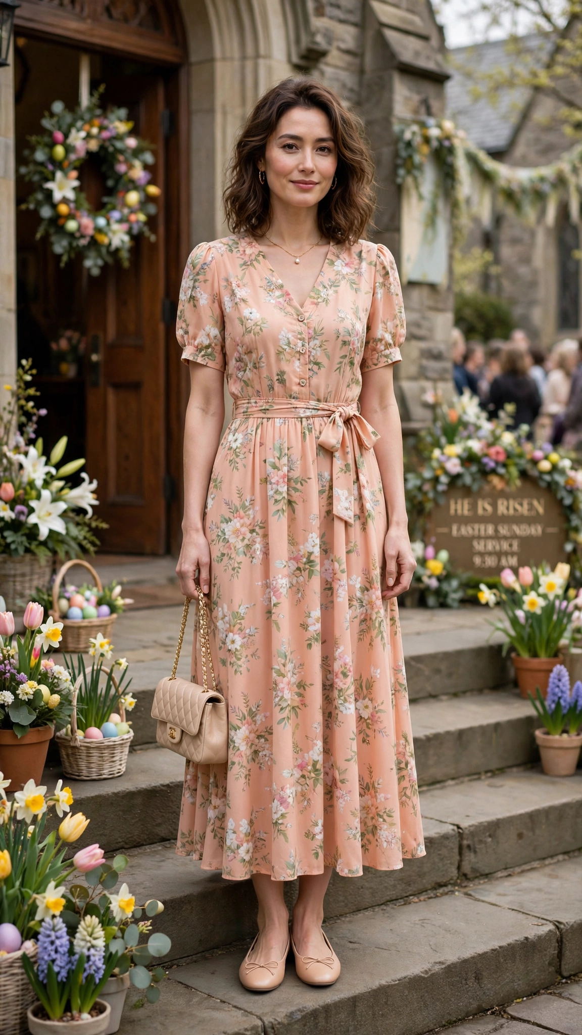 25 Floral Easter Dress Outfits for Church Gatherings That Are Fresh, Chic and Easy to Wear 14 Peach Floral Easter Dress Outfit with ballet flats and a small handbag