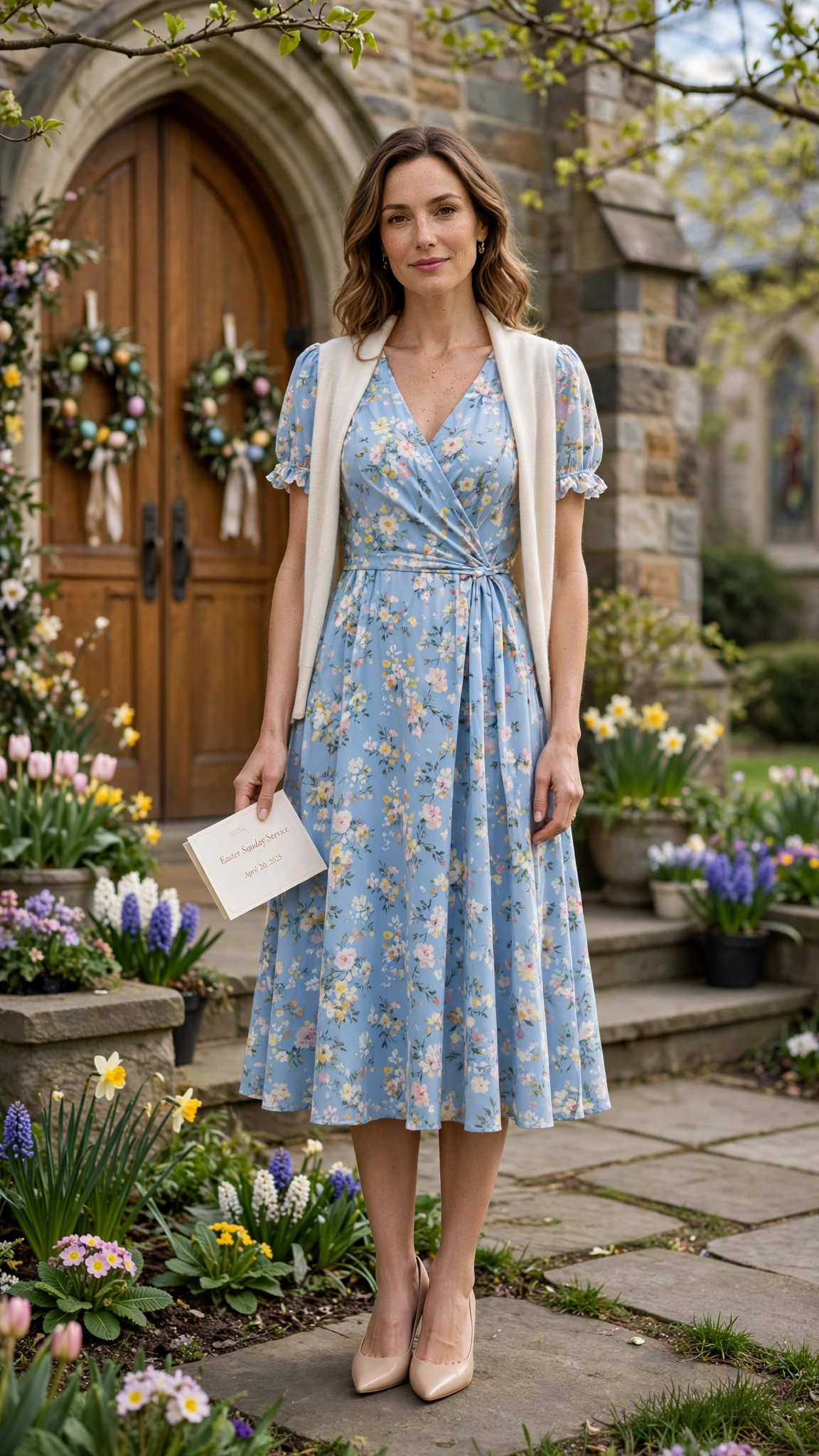 25 Floral Easter Dress Outfits for Church Gatherings That Are Fresh, Chic and Easy to Wear 15 Baby Blue Floral Easter Dress Outfit with nude pumps and a light cardigan