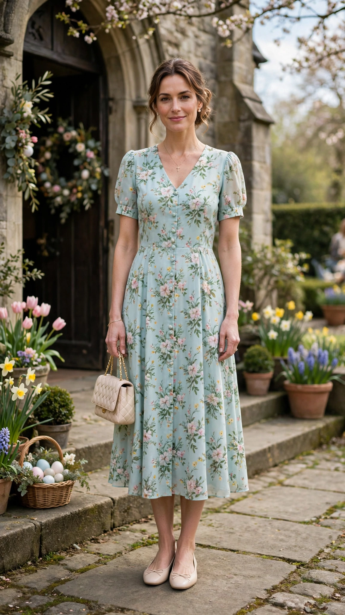 25 Floral Easter Dress Outfits for Church Gatherings That Are Fresh, Chic and Easy to Wear 19 Light Aqua Floral Easter Dress Outfit with ballet flats and a small handbag