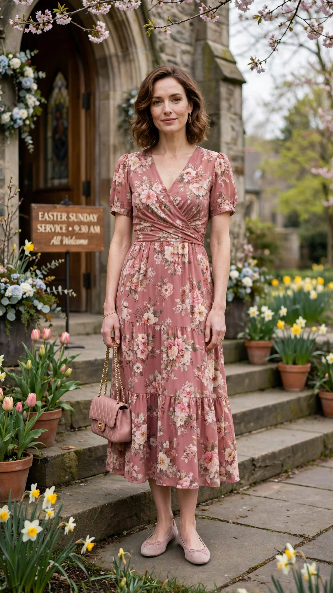25 Floral Easter Dress Outfits for Church Gatherings That Are Fresh, Chic and Easy to Wear 20 Dusty Rose Floral Easter Dress Outfit with ballet flats and a small handbag