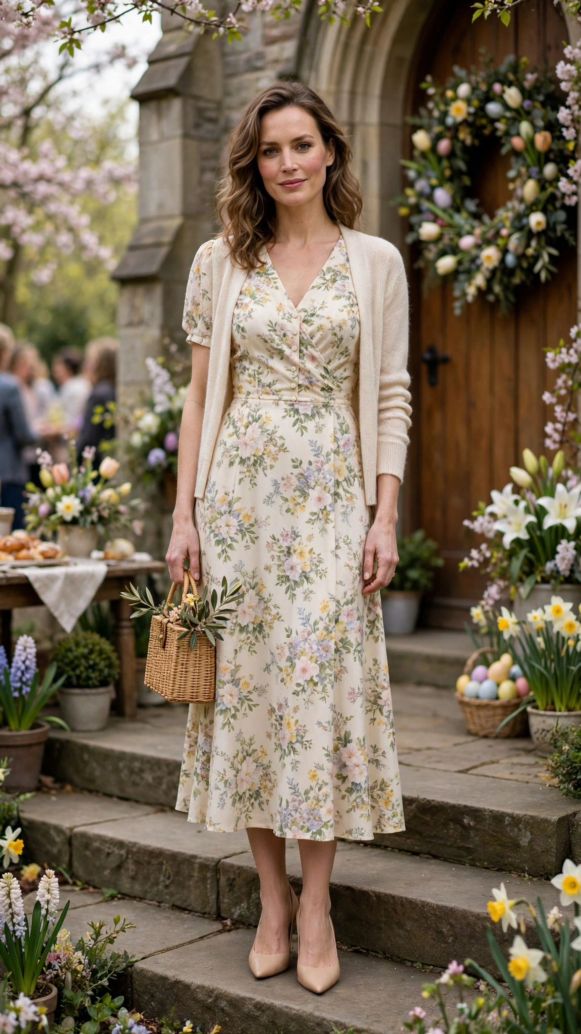 25 Floral Easter Dress Outfits for Church Gatherings That Are Fresh, Chic and Easy to Wear 21 Cream Floral Easter Dress Outfit with nude pumps and a light cardigan
