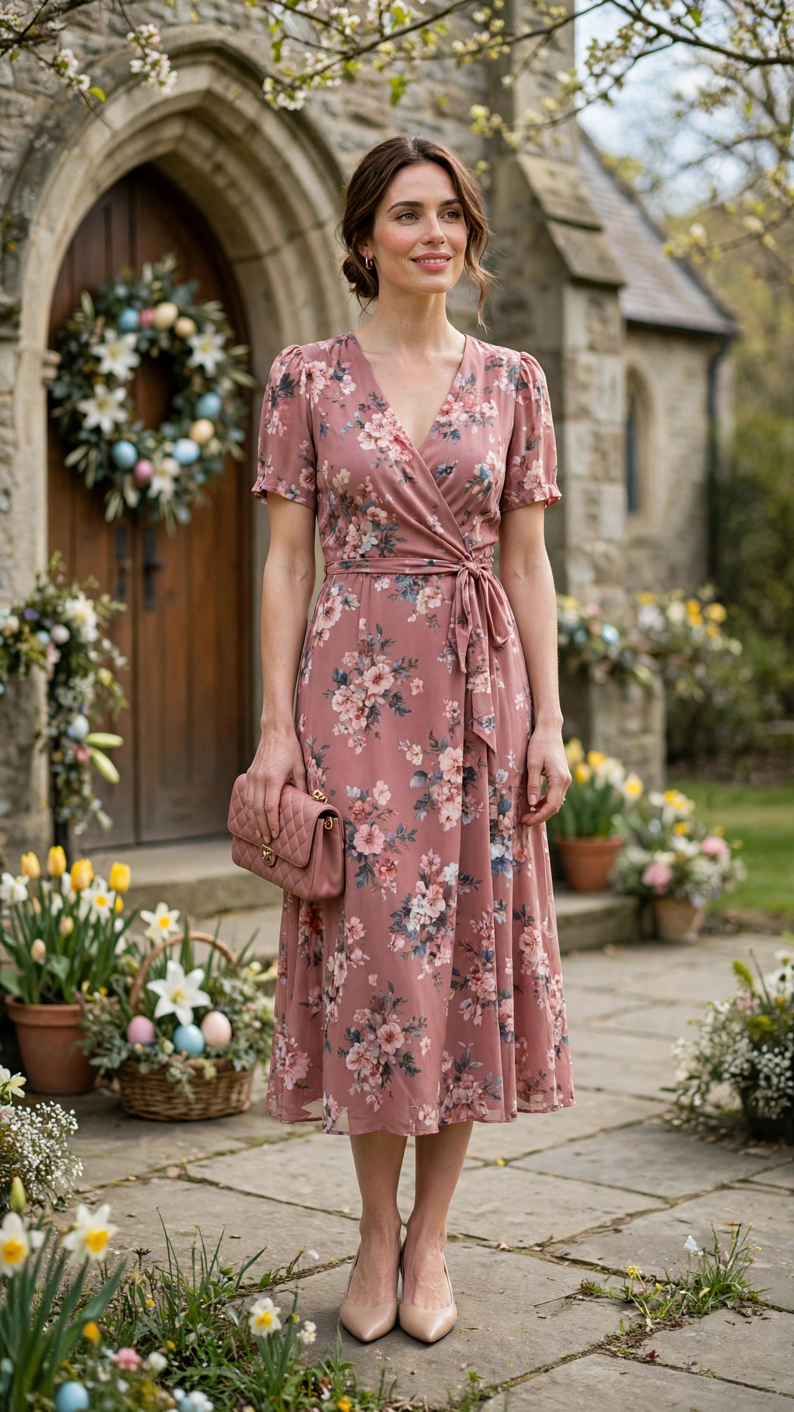 25 Floral Easter Dress Outfits for Church Gatherings That Are Fresh, Chic and Easy to Wear 22 Dusty Rose Floral Easter Dress Outfit with pointed flats and a clutch