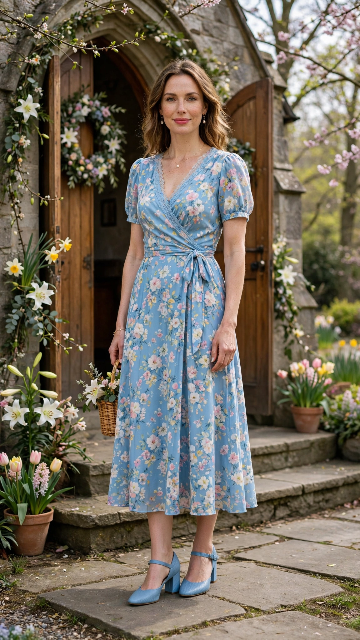 25 Floral Easter Dress Outfits for Church Gatherings That Are Fresh, Chic and Easy to Wear 23 Sky Blue Floral Easter Dress Outfit with block heels and delicate jewellery