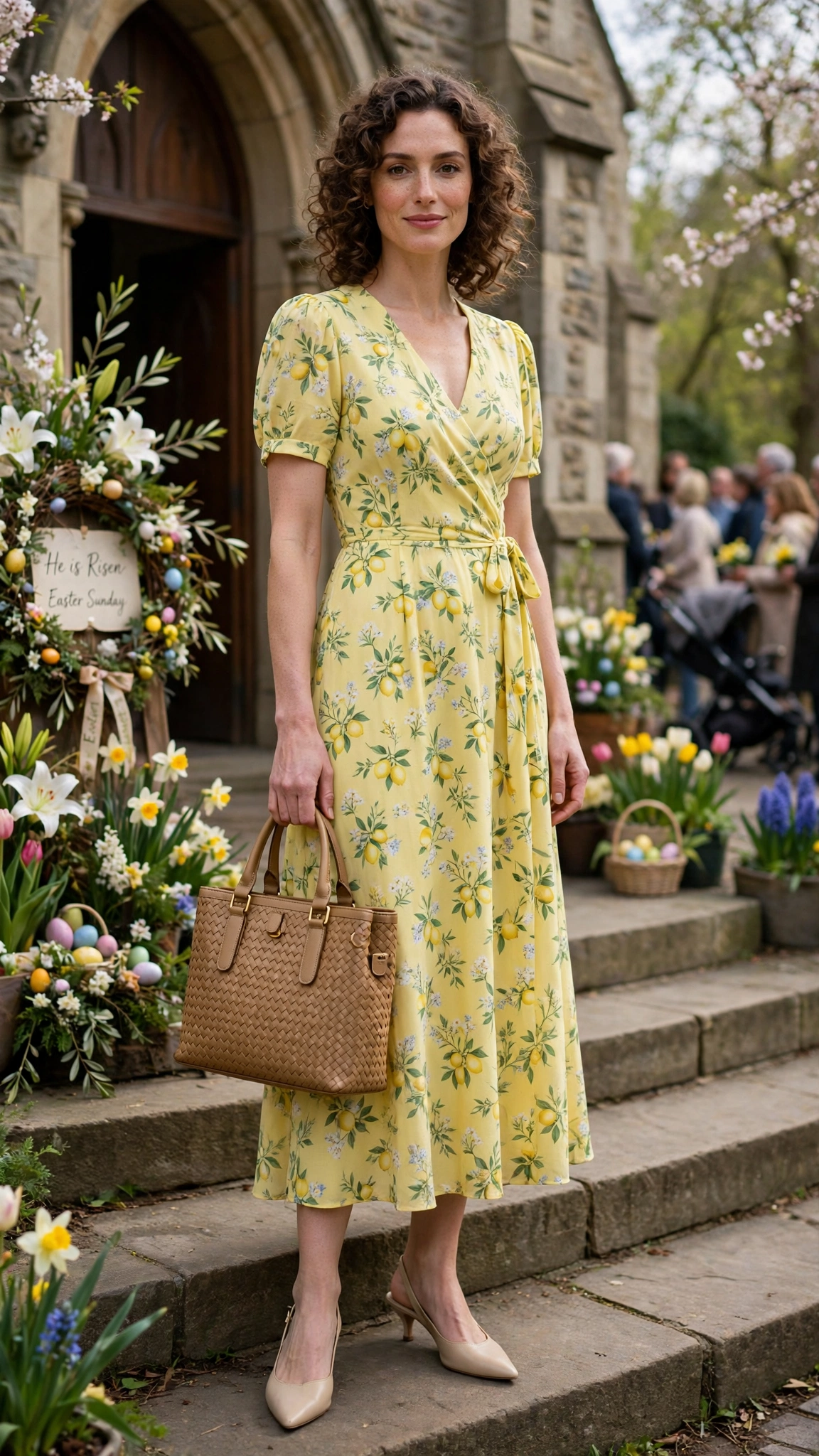25 Floral Easter Dress Outfits for Church Gatherings That Are Fresh, Chic and Easy to Wear 24 Lemon Yellow Floral Easter Dress Outfit with slingbacks and a structured tote