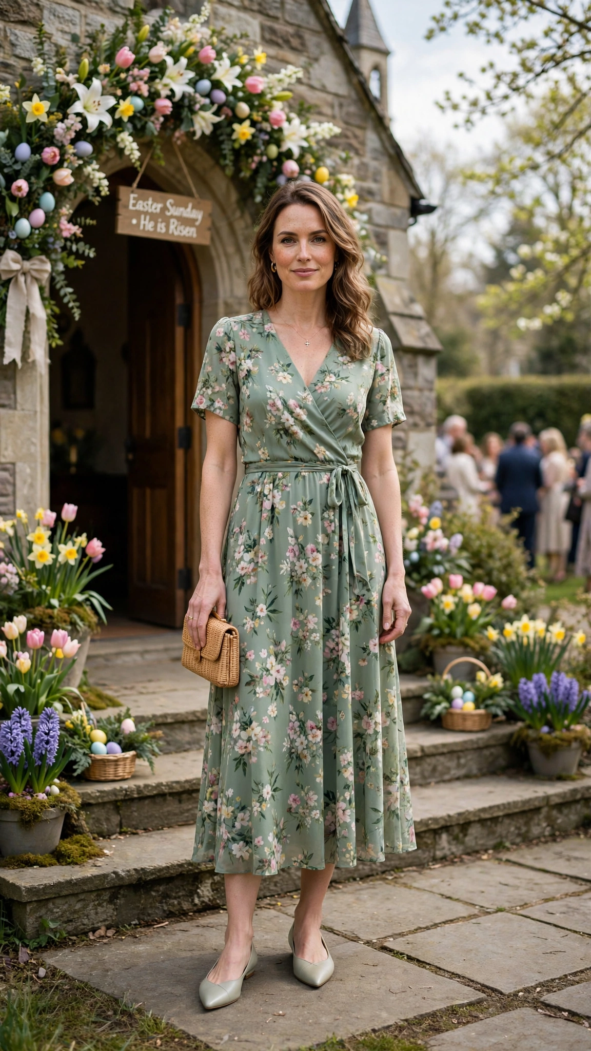 25 Floral Easter Dress Outfits for Church Gatherings That Are Fresh, Chic and Easy to Wear 26 Sage Green Floral Easter Dress Outfit with pointed flats and a clutch