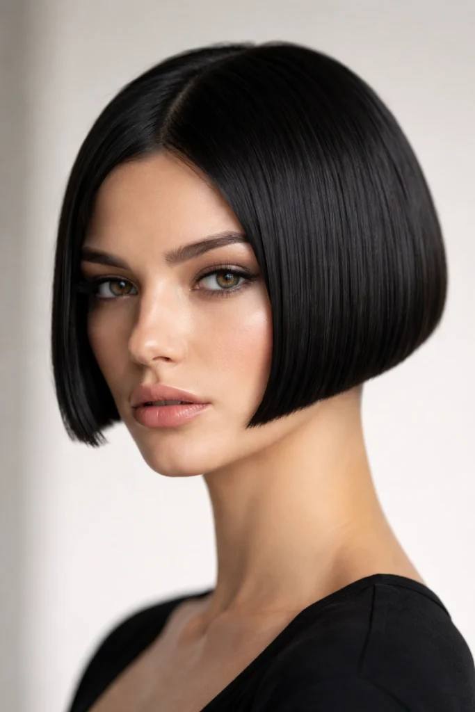 18 Glass Hair Hairstyles For Women In Their 30s With A Blunt Bob And Sleek Finish That Are Sleek, Shiny and Polished 9 Sleek Chin-Length Bob With A Centre Part