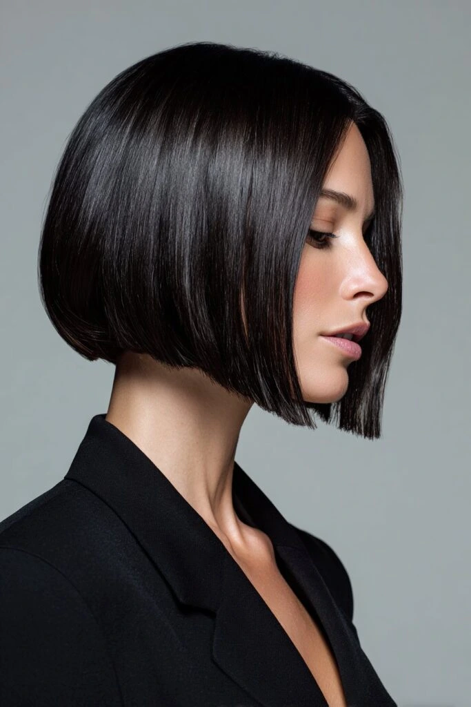 18 Glass Hair Hairstyles For Women In Their 30s With A Blunt Bob And Sleek Finish That Are Sleek, Shiny and Polished 11 Sleek Chin-Length Bob With Tucked Ends