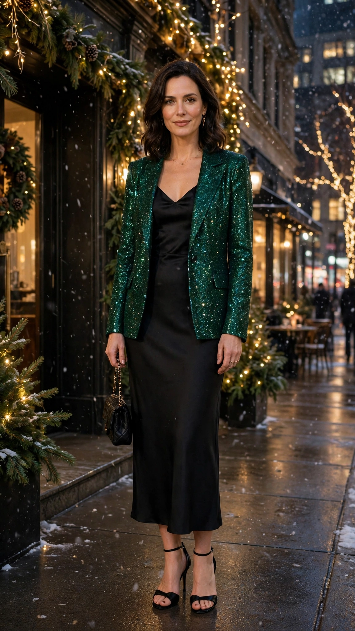 40 Glitter Jacket Outfits for Winter Evening Events That Are Chic, Warm and Elegant 7 Emerald Glitter Jacket with Black Slip Dress
