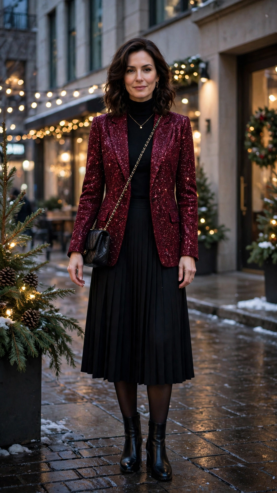 40 Glitter Jacket Outfits for Winter Evening Events That Are Chic, Warm and Elegant 8 Burgundy Glitter Jacket with Black Pleated Skirt