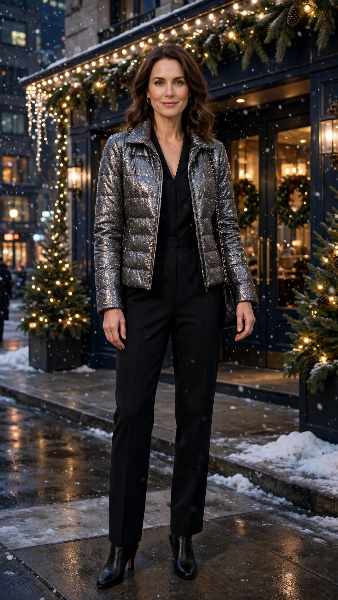 40 Glitter Jacket Outfits for Winter Evening Events That Are Chic, Warm and Elegant 13 Gunmetal Glitter Jacket with Black Jumpsuit