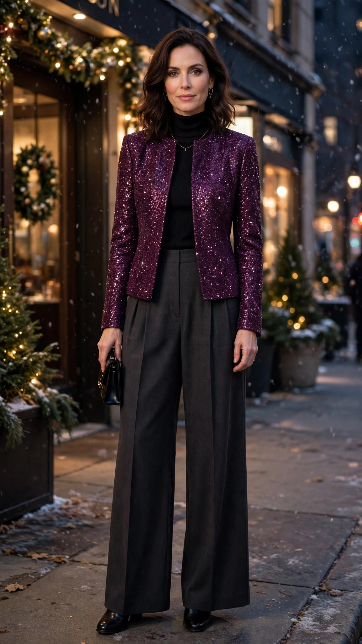 40 Glitter Jacket Outfits for Winter Evening Events That Are Chic, Warm and Elegant 15 Plum Glitter Jacket with Charcoal Wide-Leg Trousers