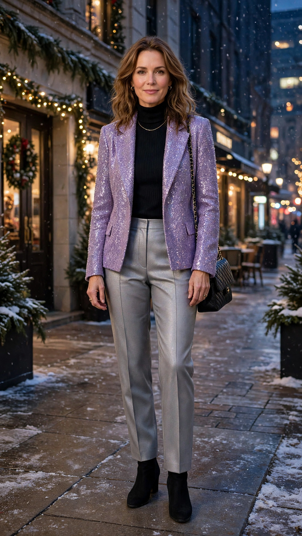 40 Glitter Jacket Outfits for Winter Evening Events That Are Chic, Warm and Elegant 19 Lavender Glitter Jacket with Silver Grey Trousers