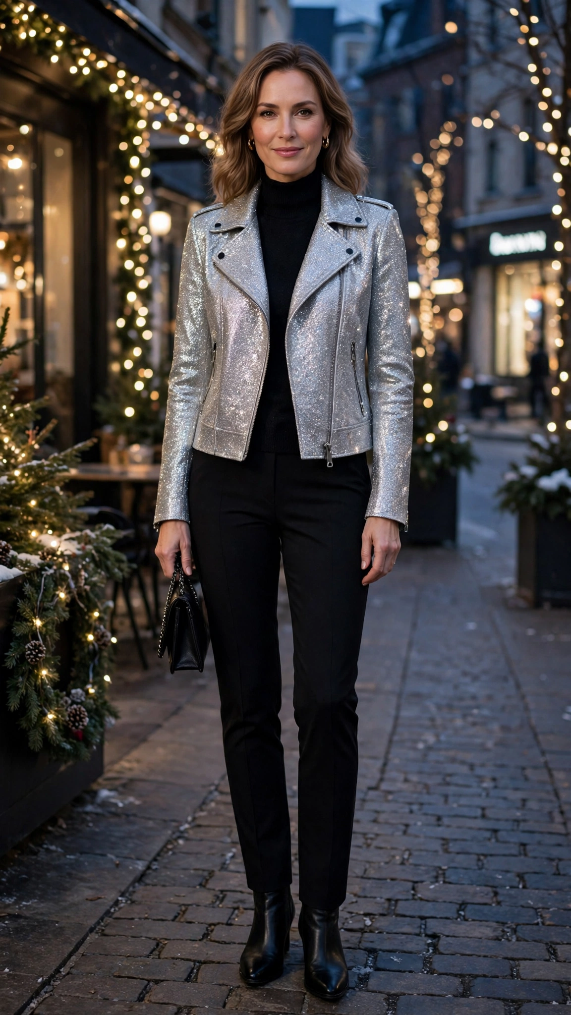 40 Glitter Jacket Outfits for Winter Evening Events That Are Chic, Warm and Elegant 22 Silver Glitter Moto Jacket with Black Slim Trousers