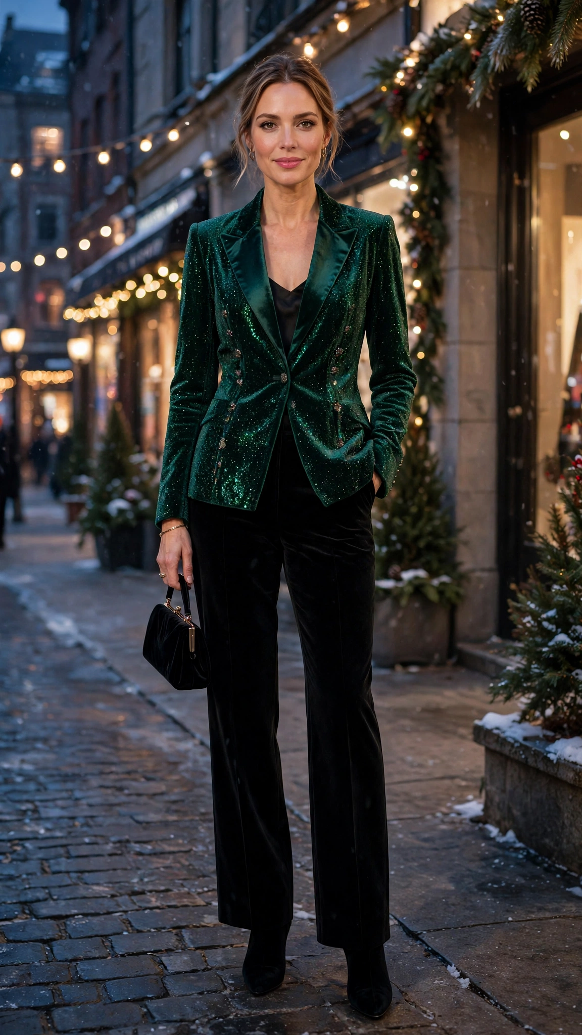 40 Glitter Jacket Outfits for Winter Evening Events That Are Chic, Warm and Elegant 25 Emerald Glitter Velvet Jacket with Black Velvet Trousers