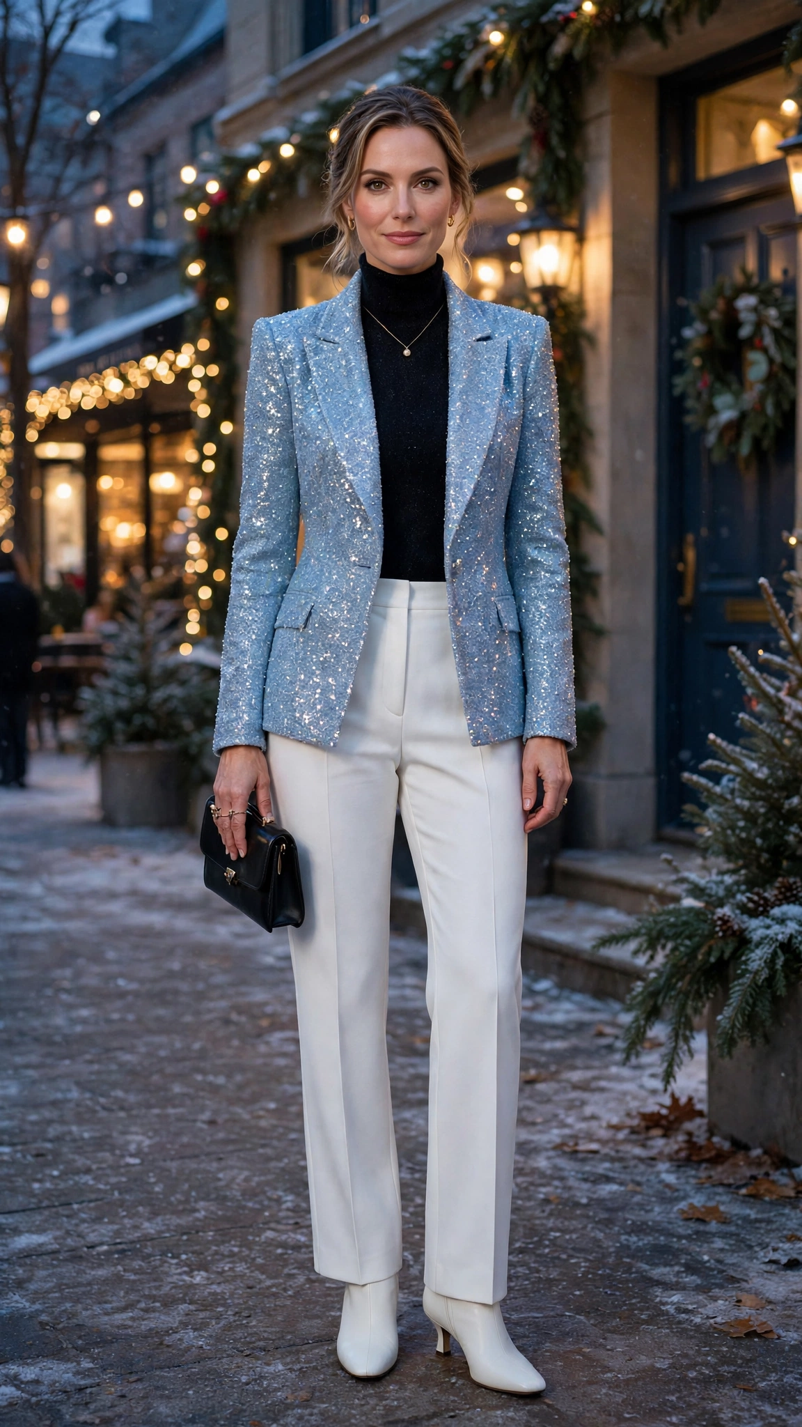40 Glitter Jacket Outfits for Winter Evening Events That Are Chic, Warm and Elegant 28 Ice Blue Glitter Jacket with White Trousers