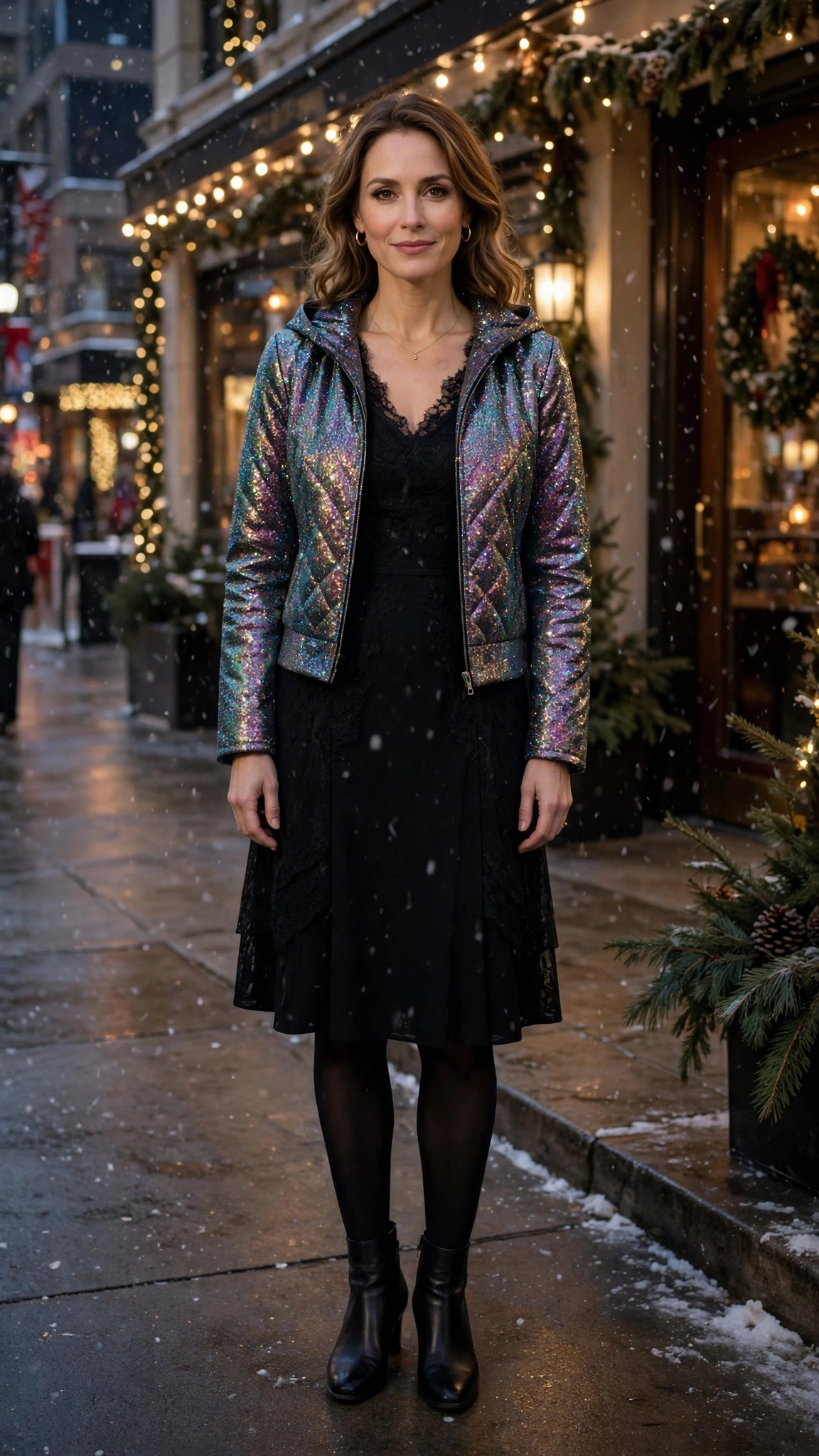 40 Glitter Jacket Outfits for Winter Evening Events That Are Chic, Warm and Elegant 31 Iridescent Glitter Jacket with Black Dress