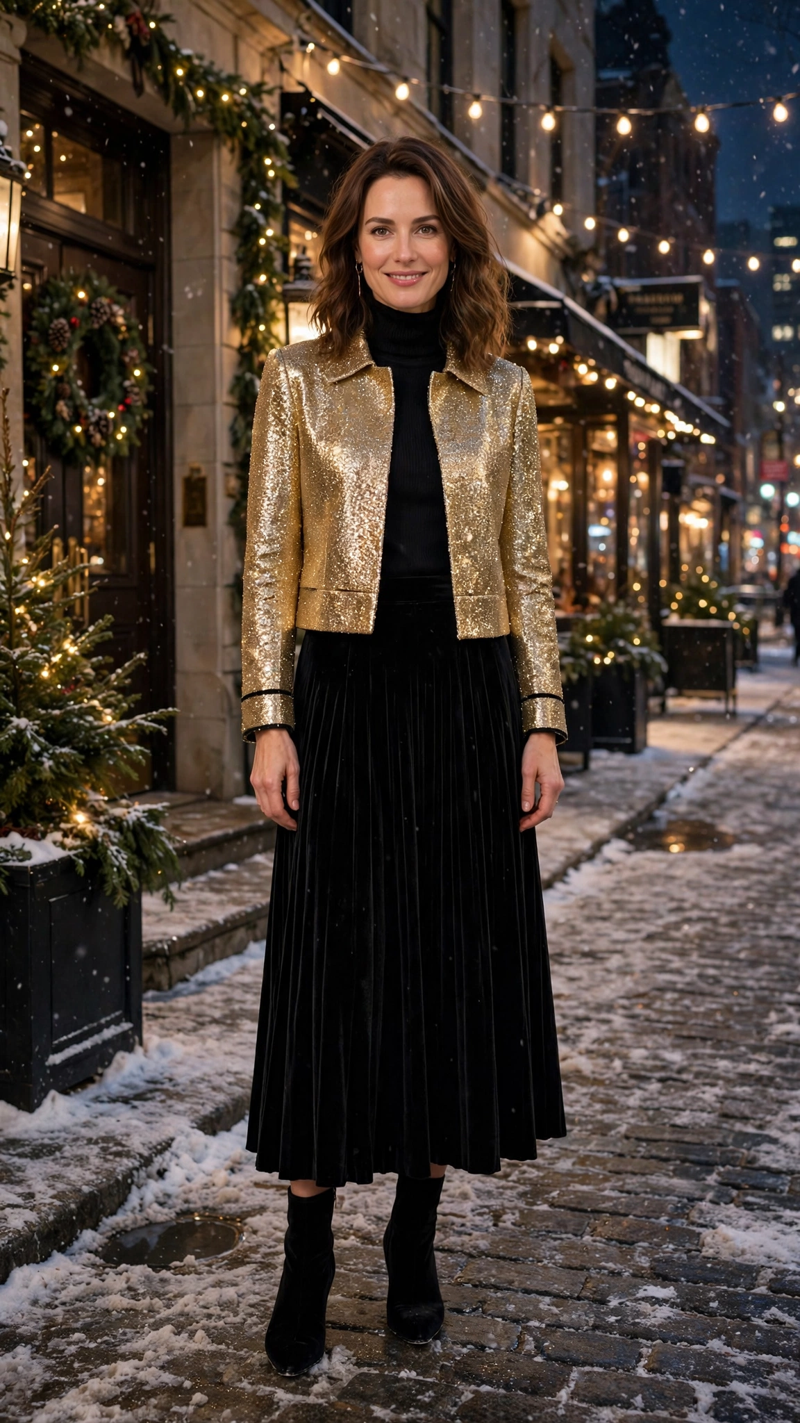 40 Glitter Jacket Outfits for Winter Evening Events That Are Chic, Warm and Elegant 33 Gold Glitter Short Jacket with Black Velvet Skirt