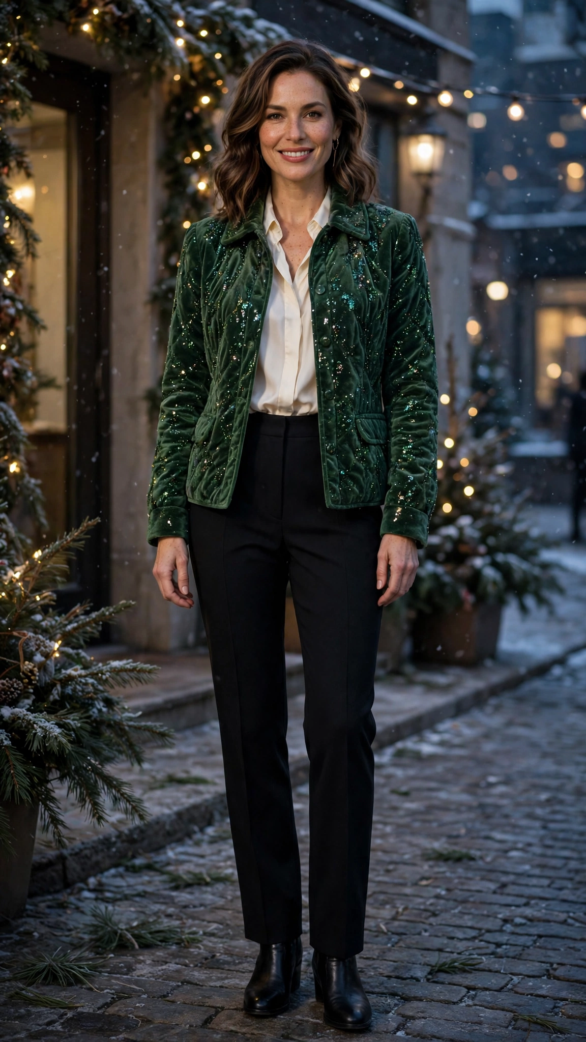 40 Glitter Jacket Outfits for Winter Evening Events That Are Chic, Warm and Elegant 38 Forest Glitter Jacket with Ivory Blouse and Black Trousers