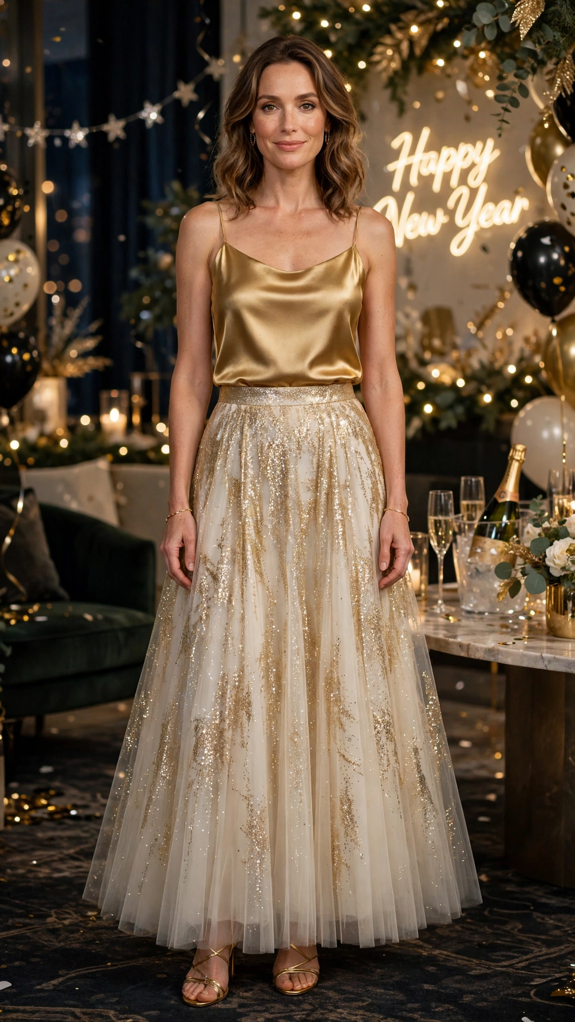 Ivory and Gold Glitter Skirt with a Gold Silk Top