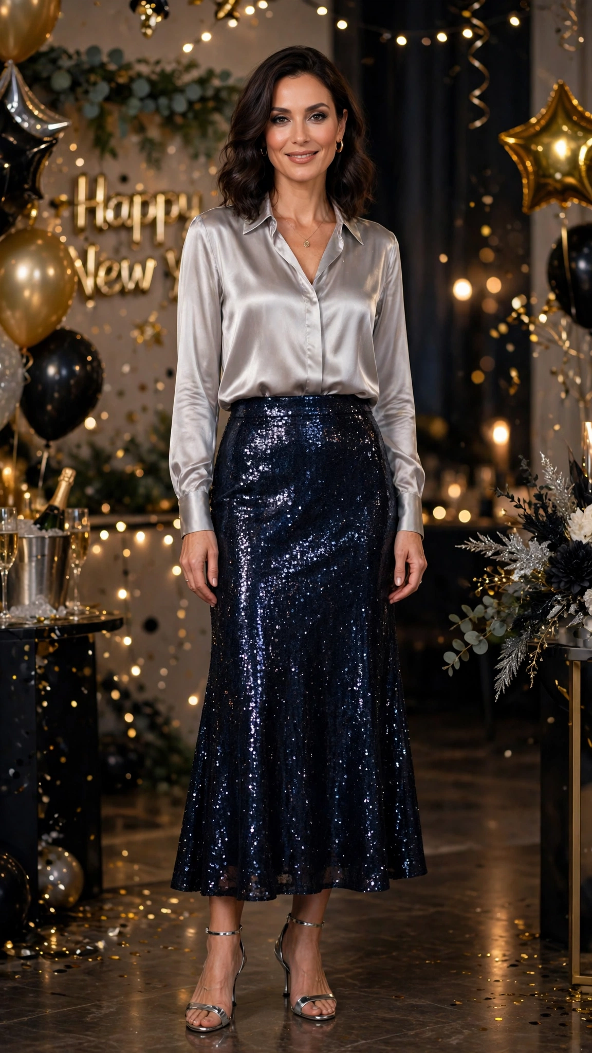 Midnight Blue Sequin Skirt with a Silver Silk Blouse