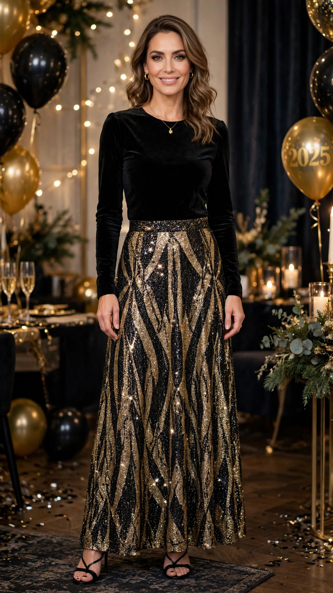 Gold and Black Glitter Maxi Skirt with a Black Velvet Top