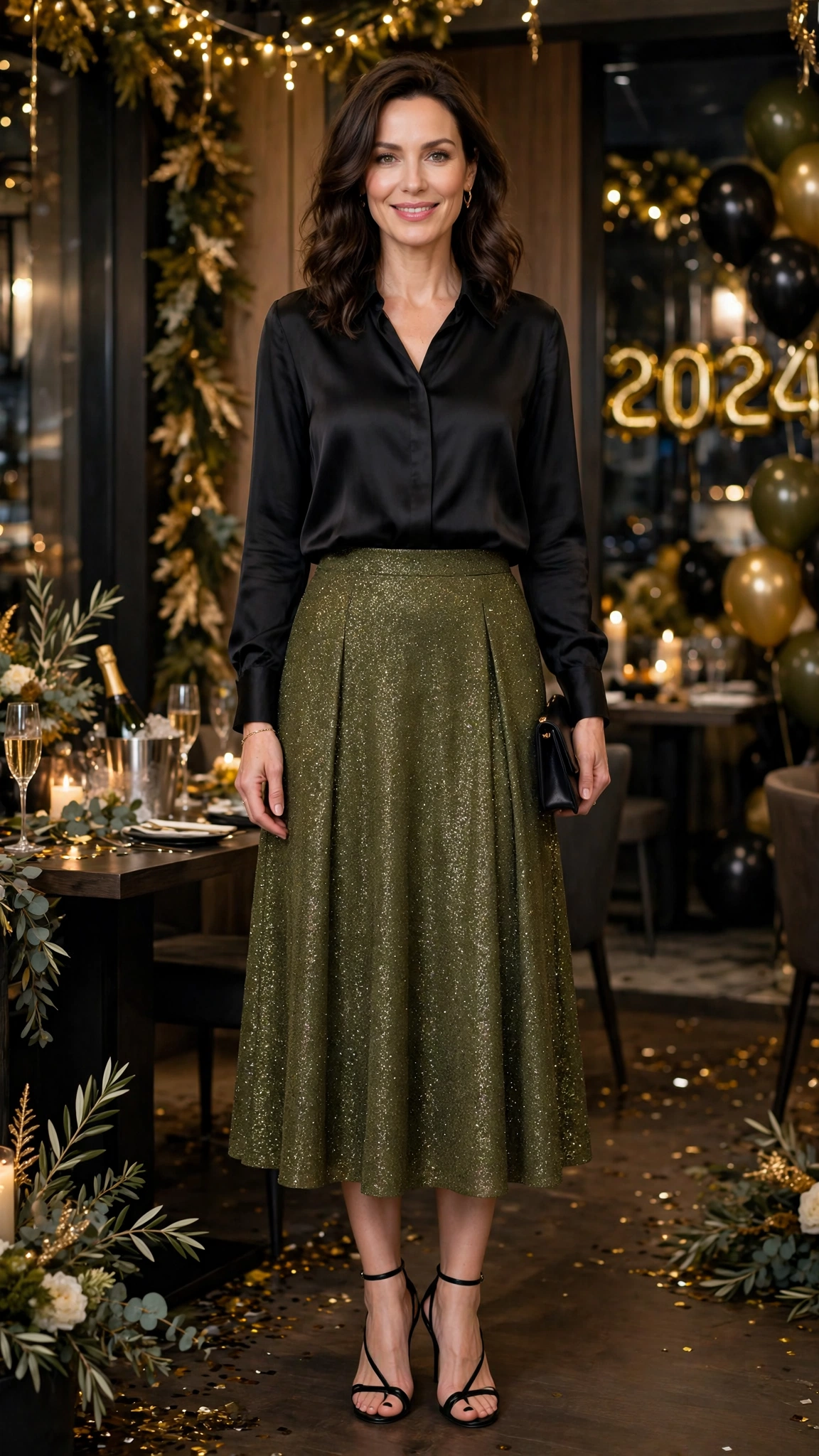 Olive Glitter Midi Skirt with a Black Silk Blouse