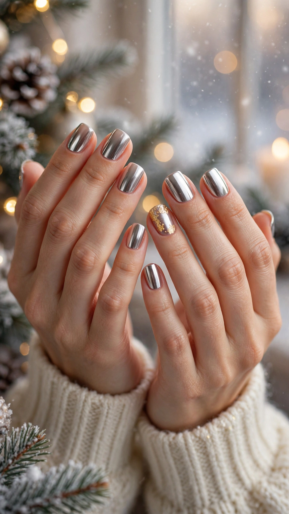Gold Chrome Almond Nails For New Year Celebrations On Soft Square Nails With Mirror Chrome Shine And A Single Gold Leaf Accent Nail
