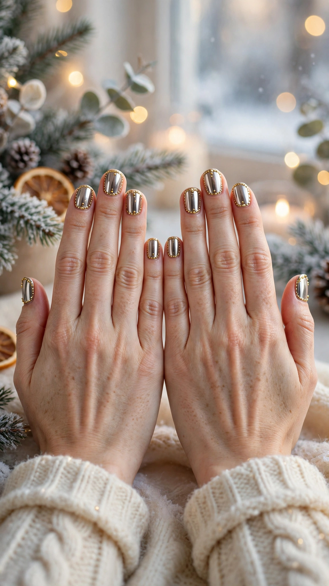 Gold Chrome Almond Nails For New Year Celebrations On Short Squoval Nails With A Luxe Polished Chrome And Gold Micro-Bead Details