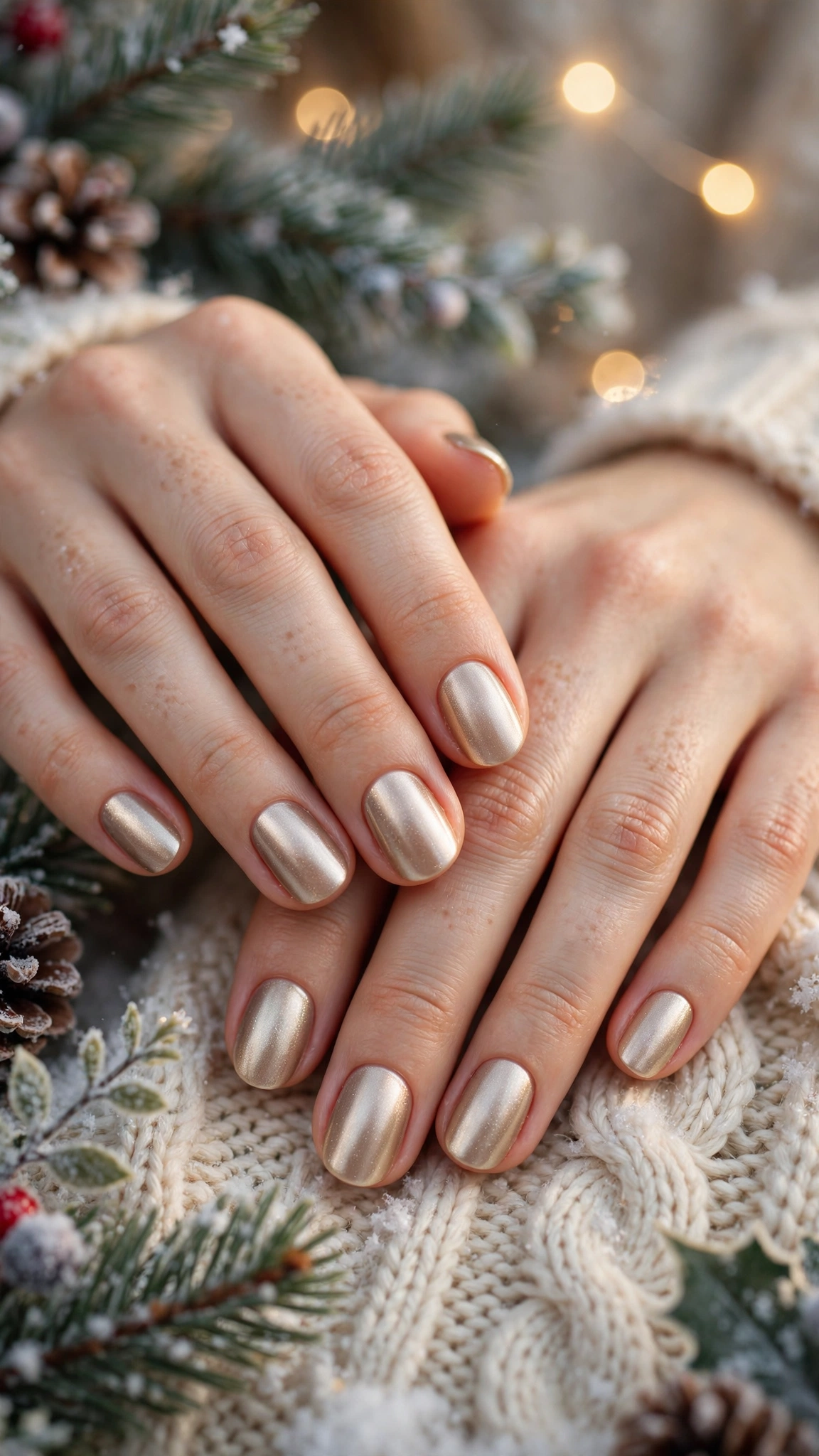 Gold Chrome Almond Nails For New Year Celebrations On Short Oval Nails With A Satin Chrome Effect And A Champagne Shimmer Accent