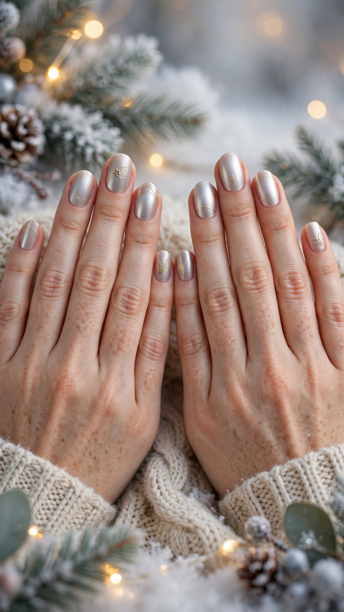 Gold Chrome Almond Nails For New Year Celebrations On Rounded Nails With A Soft Brushed Chrome Glow And Minimal Gold Line Art