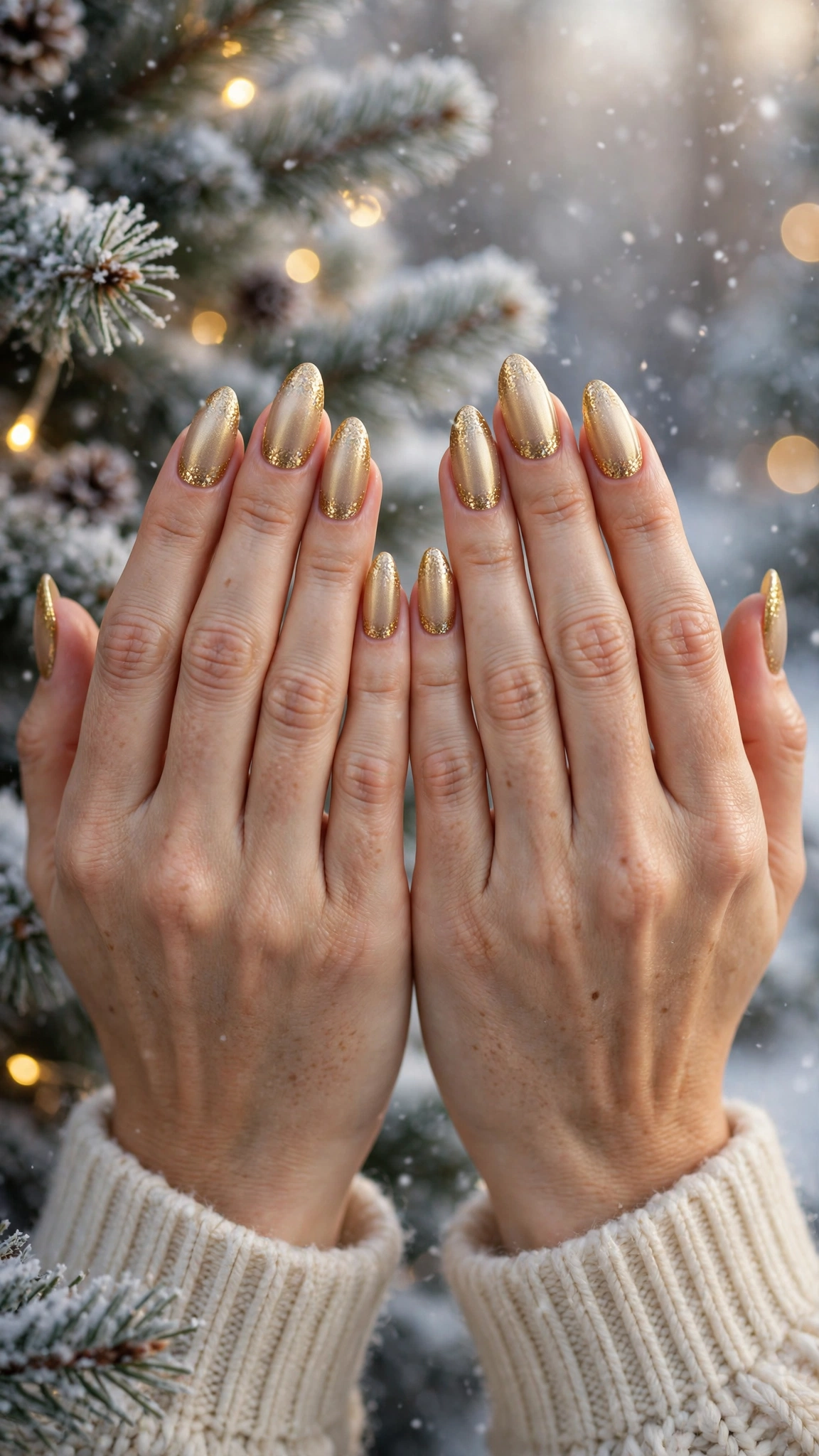 Gold Chrome Almond Nails For New Year Celebrations On Long Almond Nails With A Frosted Gold Glow And A Gold Glitter Gradient Tip