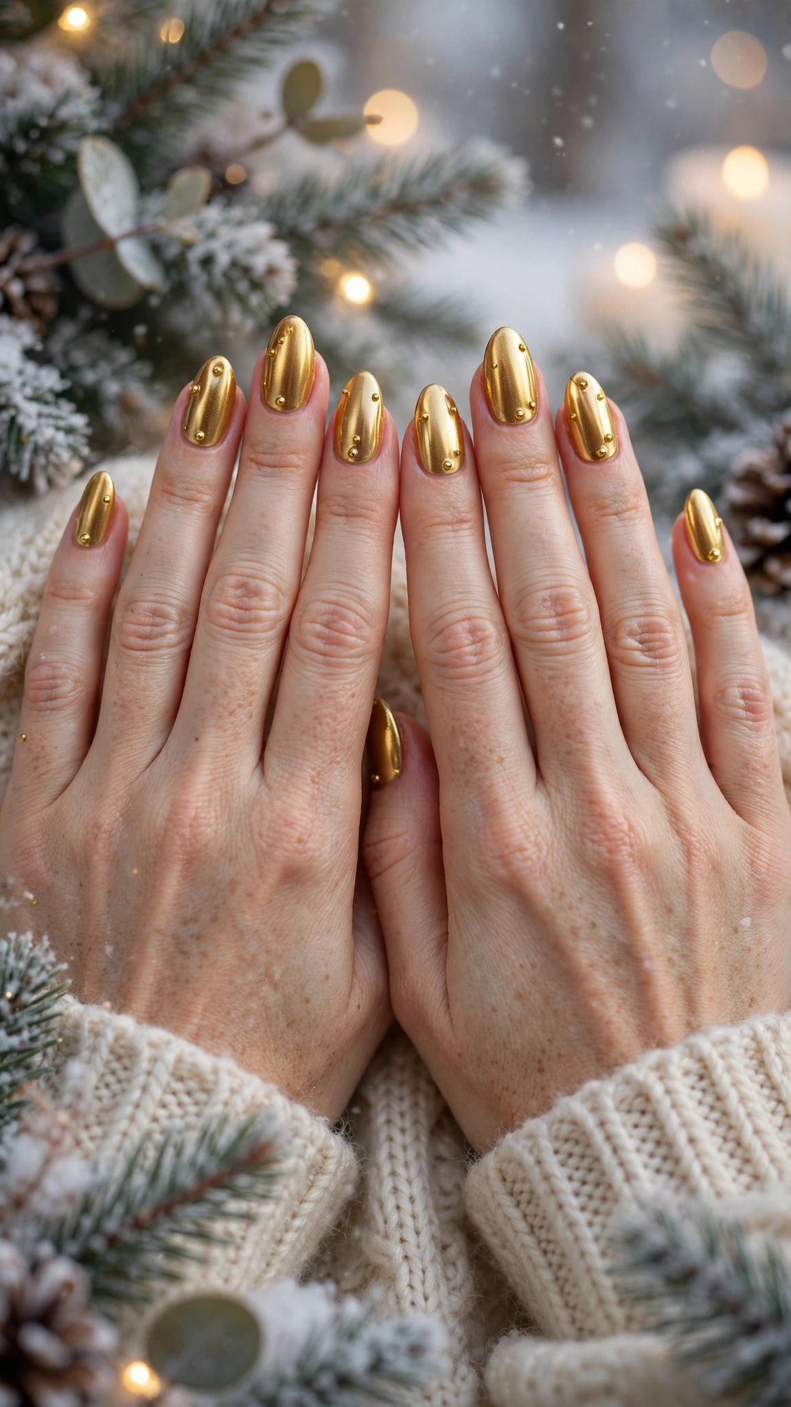 Gold Chrome Almond Nails For New Year Celebrations On Almond Nails With A Molten Gold Finish And Tiny Gold Stud Details