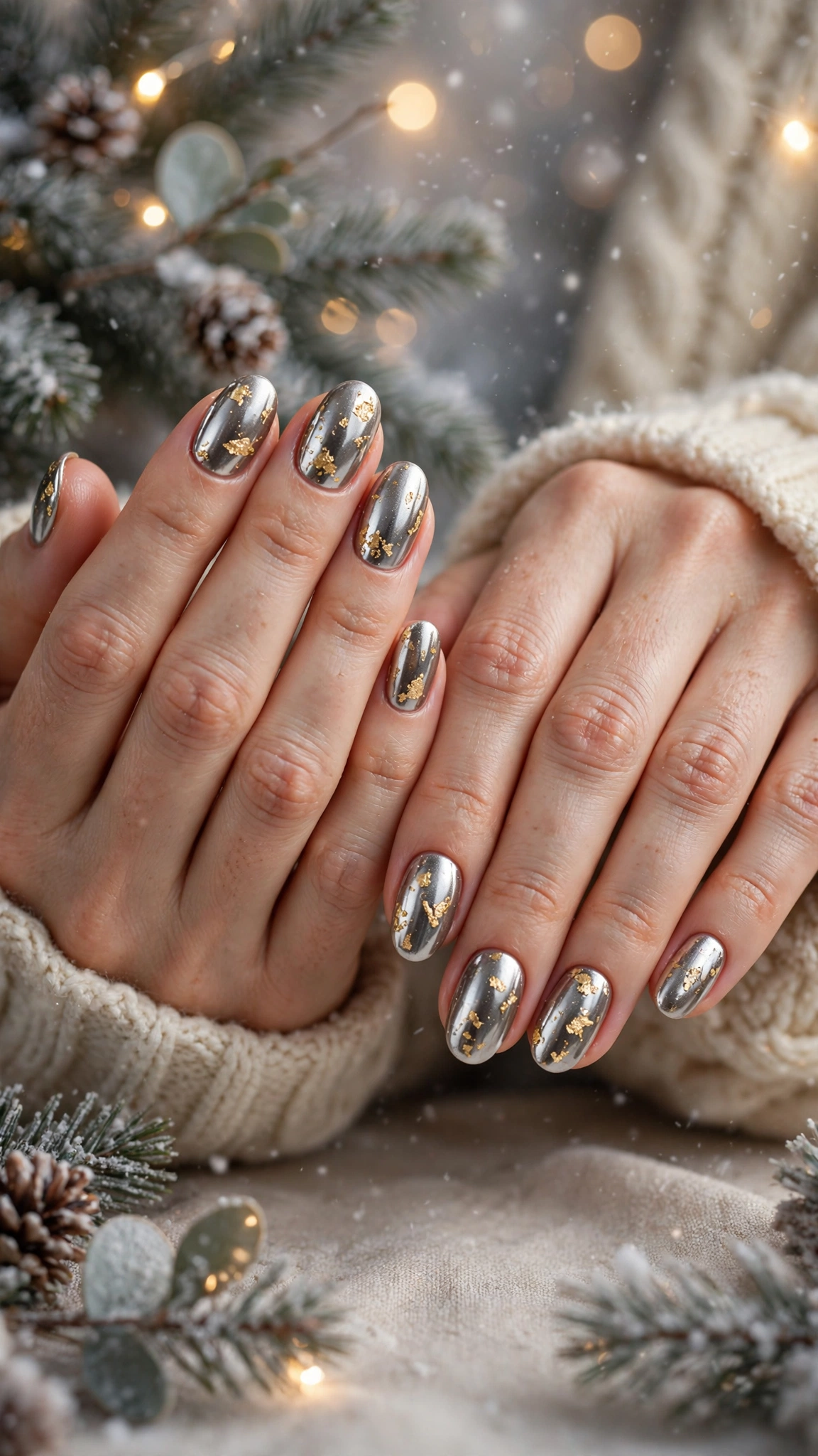 Gold Chrome Almond Nails For New Year Celebrations On Natural Oval Nails With A Liquid-Metal Shine And Delicate Gold Foil Flakes